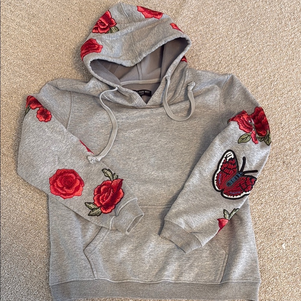 Central Park West Gray Hoodie with Red Floral Embroidery
